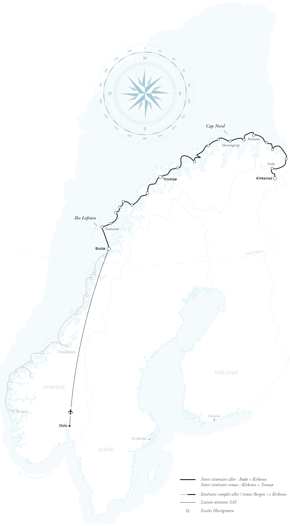 Carte et Itinéraire de Norvège. Croisière Hurtigruten